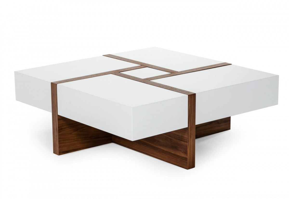 Modern White and Walnut Square Coffee Table with Storage By Homeroots | Coffee Tables | Modishstore - 3