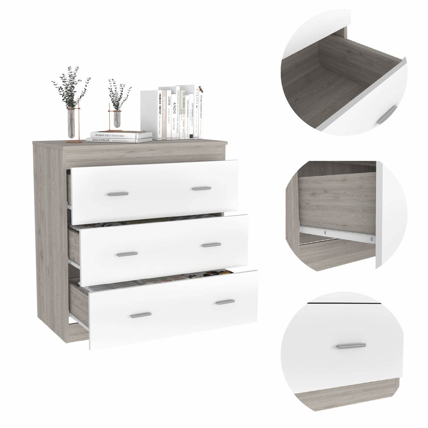 33" Light Gray and White Three Drawer Dresser By Homeroots | Dressers | Modishstore - 4