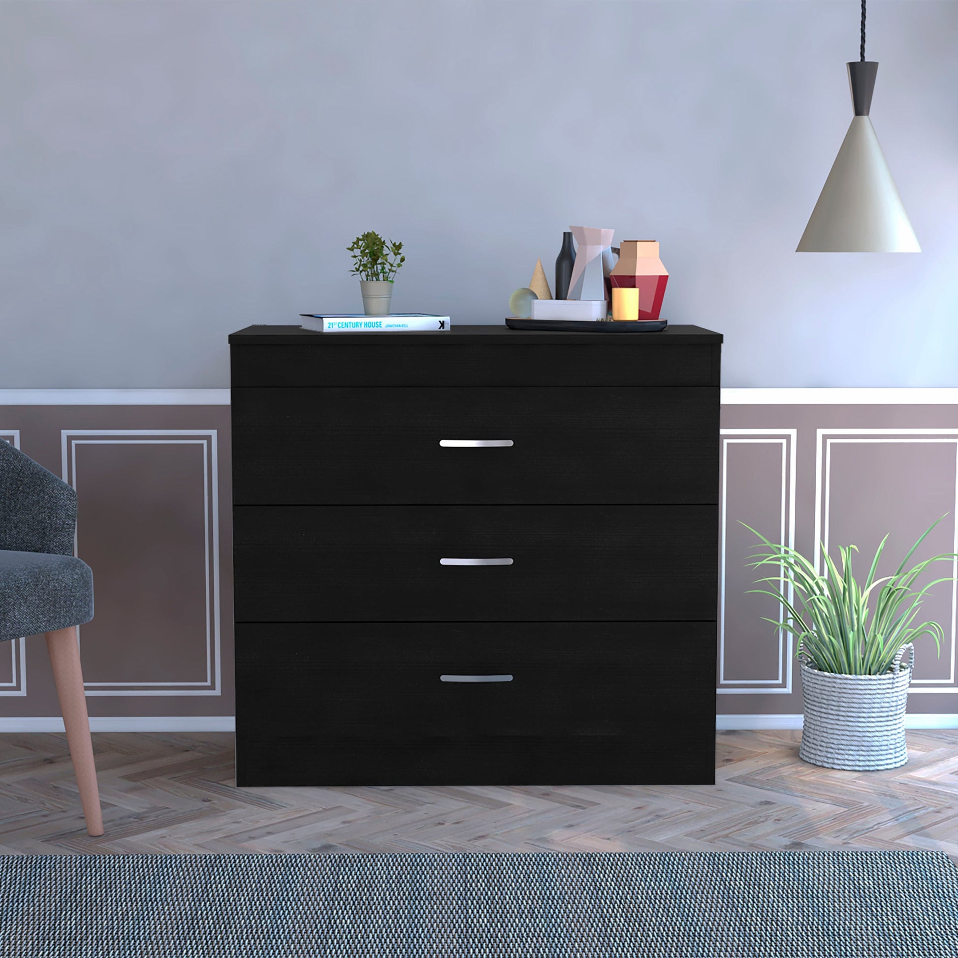 29" Black Three Drawer Dresser By Homeroots | Dressers | Modishstore - 2