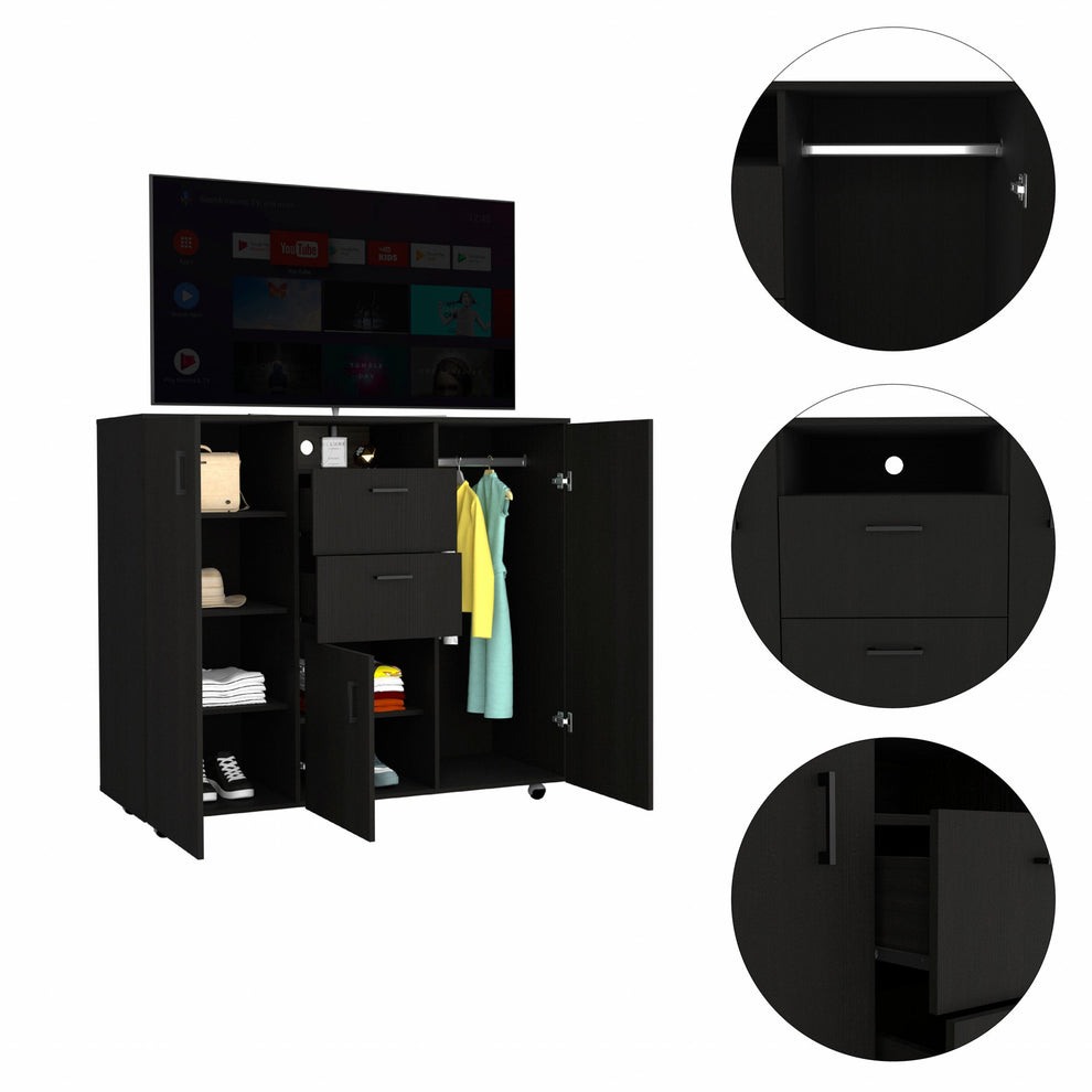 Black Three Door Closet with Two Drawers By Homeroots | Dressers | Modishstore - 4