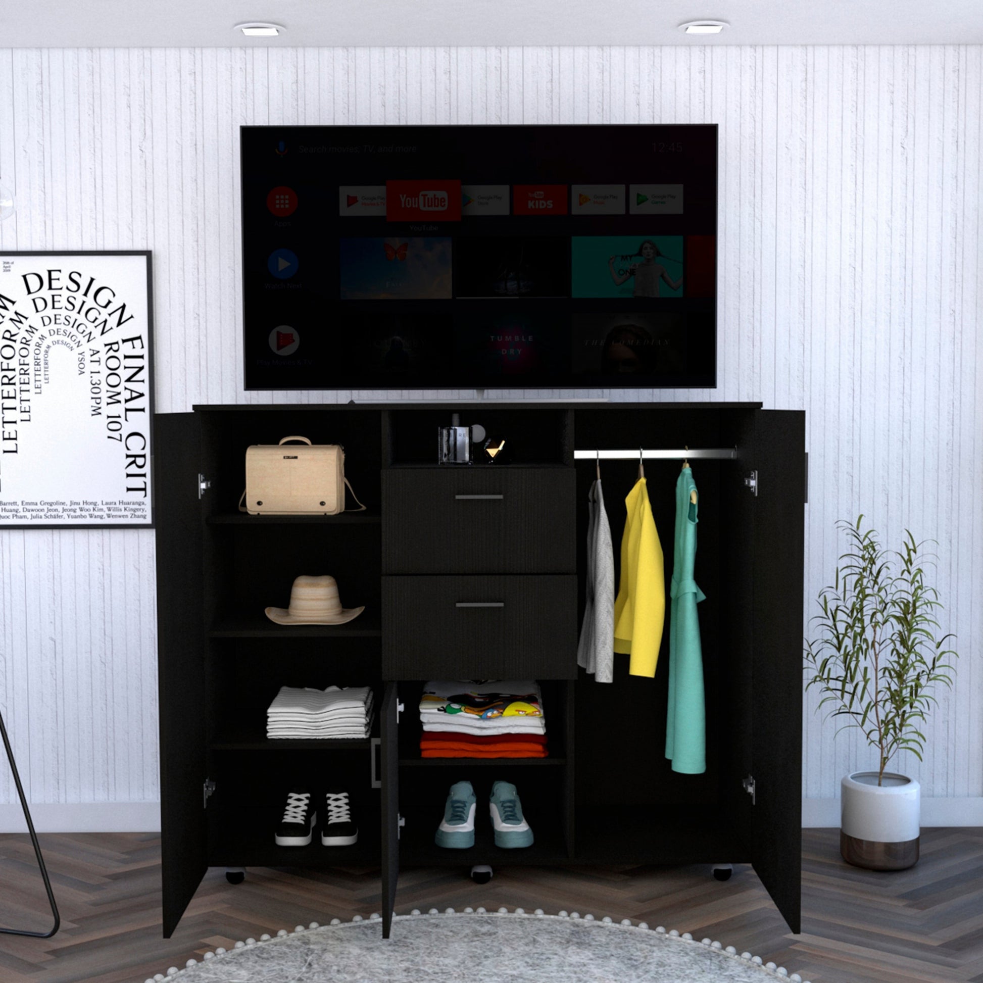 Black Three Door Closet with Two Drawers By Homeroots | Dressers | Modishstore - 5