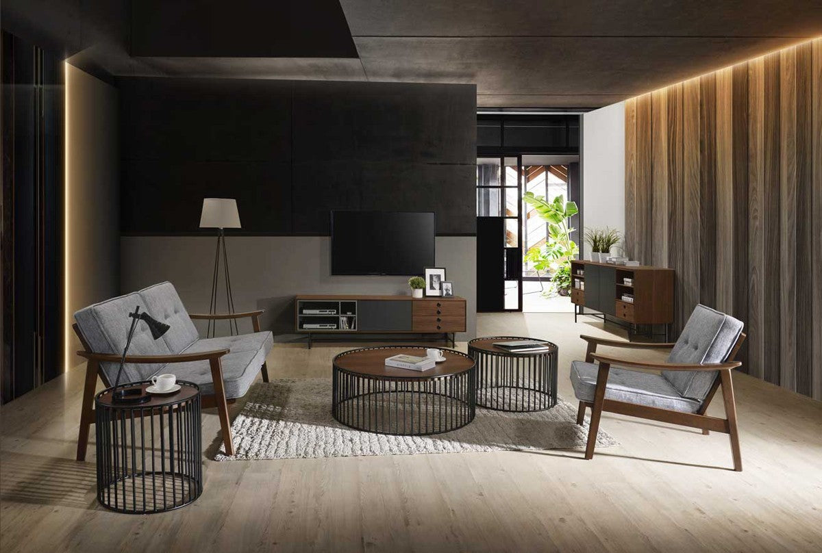 Modern Walnut and Black Metal Rods Round Coffee Table By Homeroots | Coffee Tables | Modishstore - 7