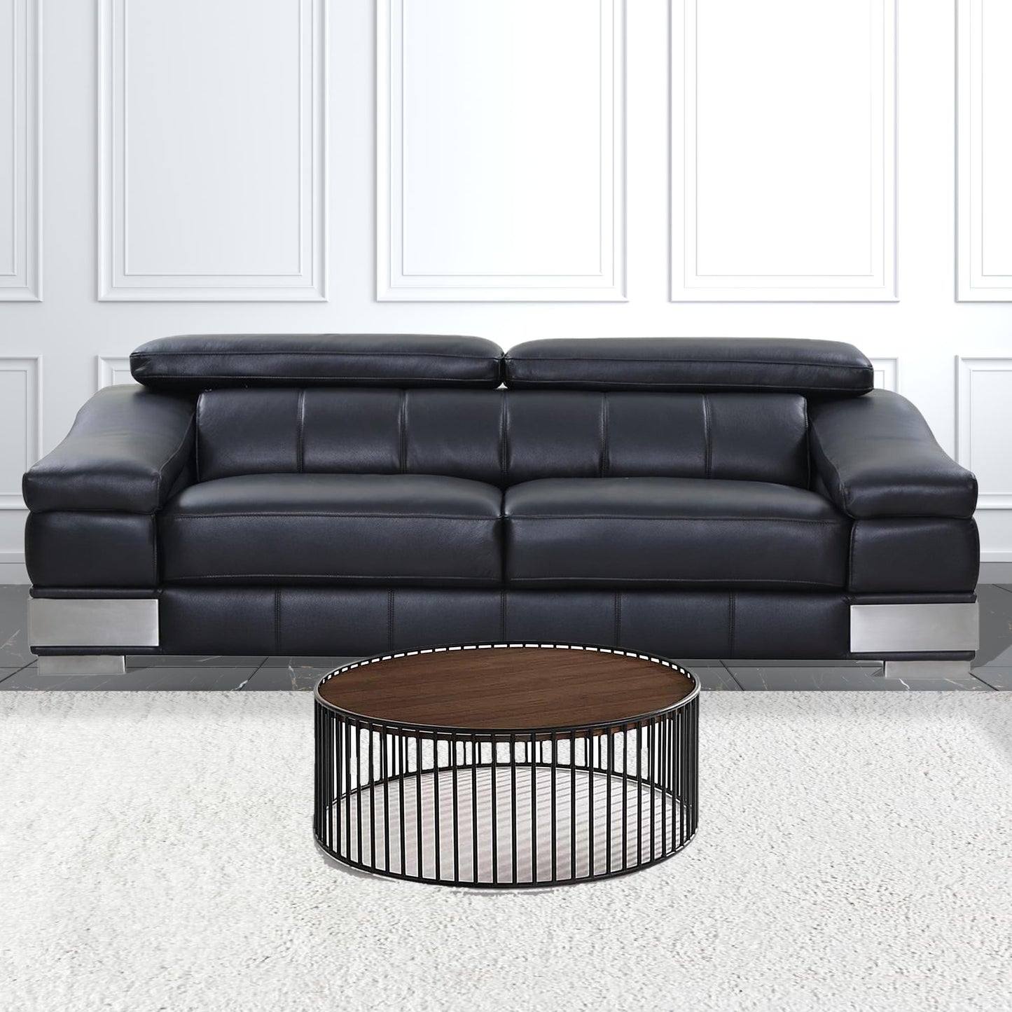 Modern Walnut and Black Metal Rods Round Coffee Table By Homeroots | Coffee Tables | Modishstore - 3