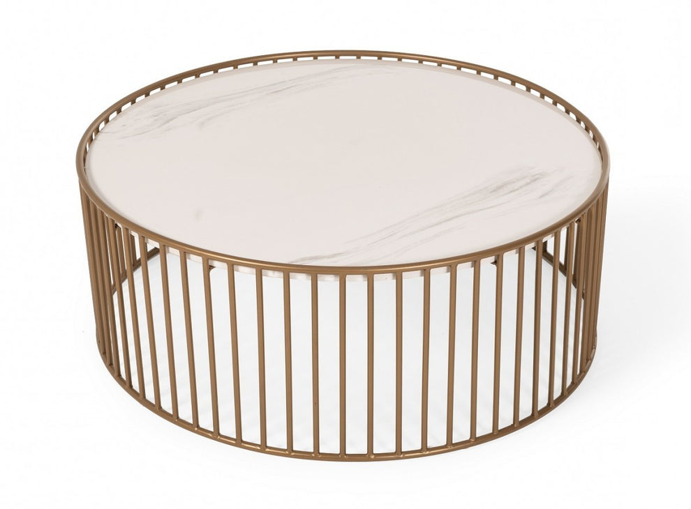 Modern Round White and Gold Faux Marble Coffee Table By Homeroots | Coffee Tables | Modishstore - 3