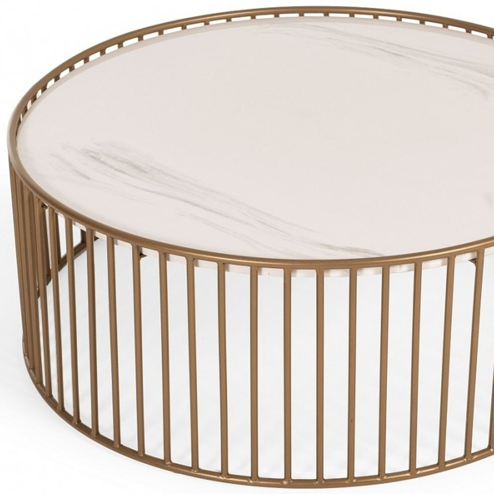 Modern Round White and Gold Faux Marble Coffee Table By Homeroots | Coffee Tables | Modishstore - 4