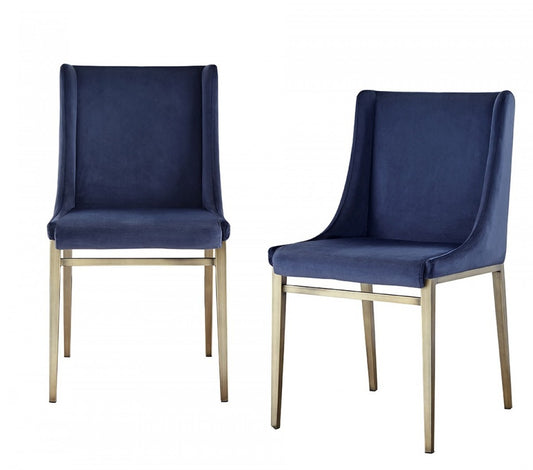 Set of Two Blue Velvet Antique Brass Contemporary Dining Chairs By Homeroots | Dining Chairs | Modishstore