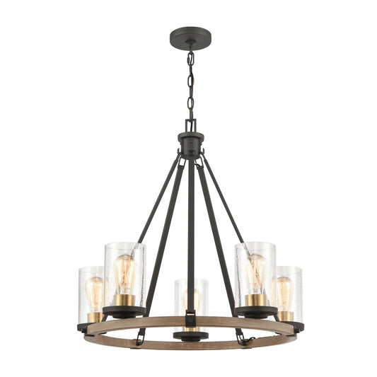 Geringer 5-Light Chandelier in Charcoal and Beechwood with Seedy Glass by ELK Lighting | Modishstore | Chandeliers