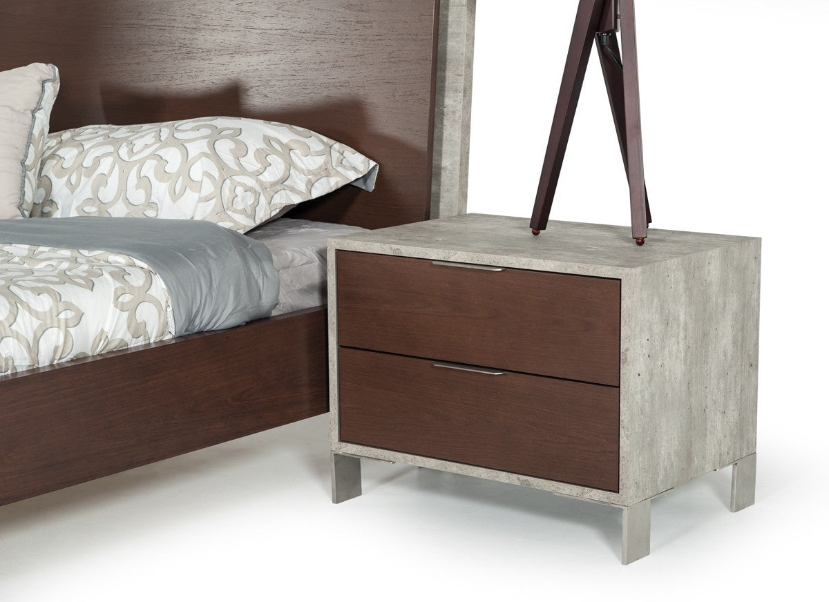 Modern Dark Walnut And Concrete Nightstand With Two Drawers By Homeroots | Nightstands | Modishstore - 2