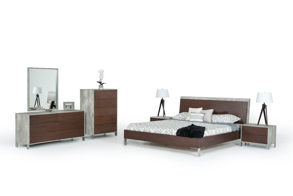 Modern Dark Walnut And Concrete Nightstand With Two Drawers By Homeroots | Nightstands | Modishstore - 3
