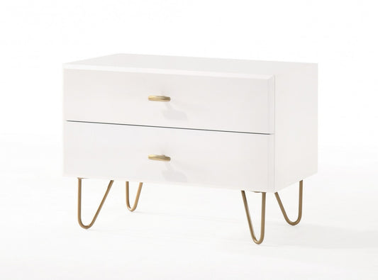Contemporary White And Gold Nightstand With Two Drawers By Homeroots | Nightstands | Modishstore