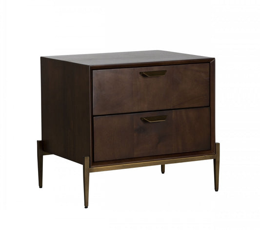 Modern Dark Mango Acacia And Brass Nightstand With Two Drawers By Homeroots | Nightstands | Modishstore