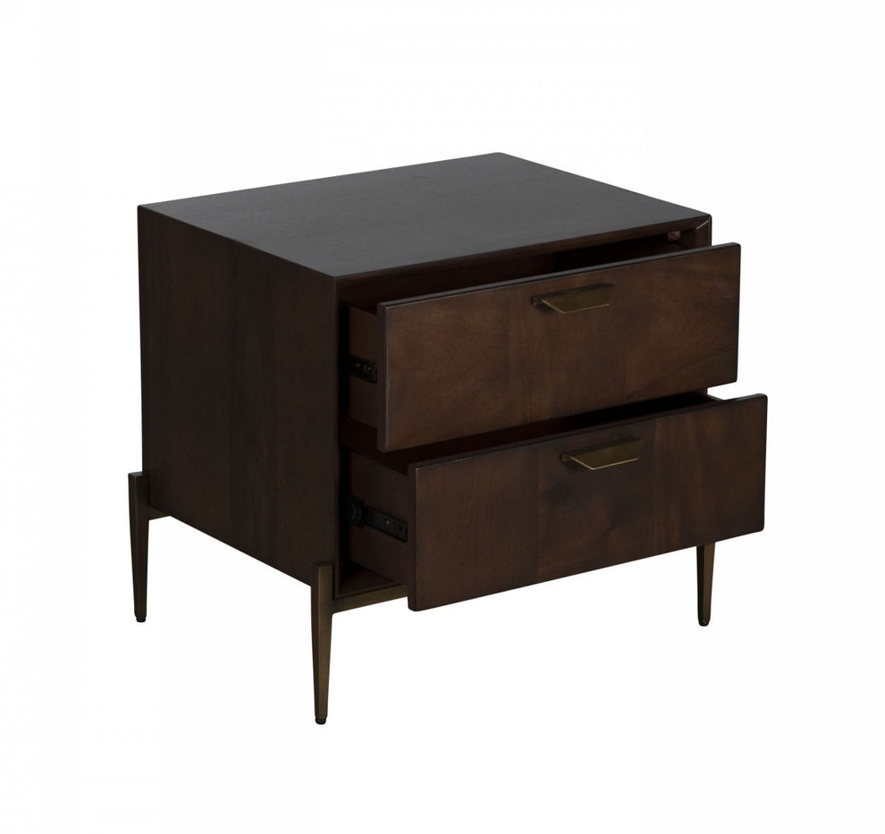 Modern Dark Mango Acacia And Brass Nightstand With Two Drawers By Homeroots | Nightstands | Modishstore - 3