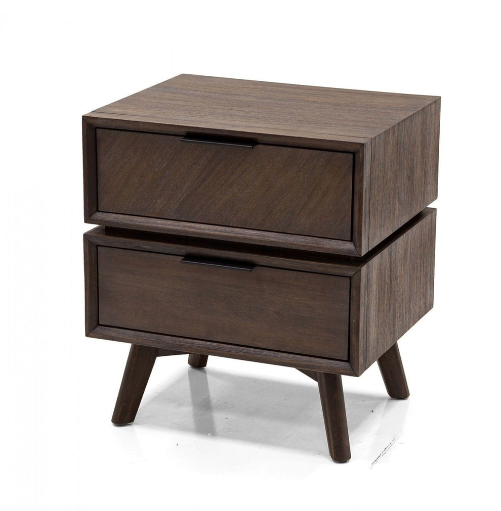 Mid Century Acacia Nightstand With Two Drawers And Black Metal Handles By Homeroots | Nightstands | Modishstore - 2