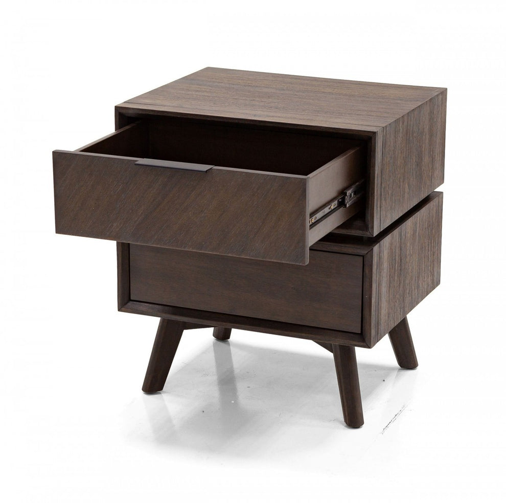 Mid Century Acacia Nightstand With Two Drawers And Black Metal Handles By Homeroots | Nightstands | Modishstore - 4