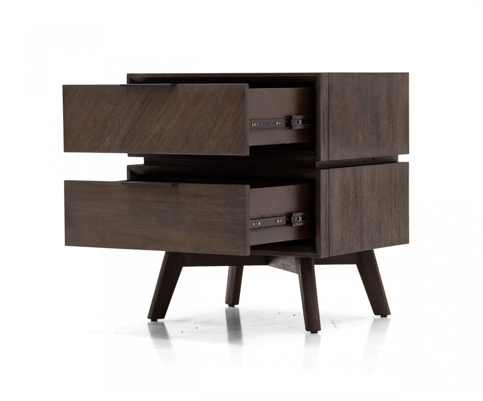 Mid Century Acacia Nightstand With Two Drawers And Black Metal Handles By Homeroots | Nightstands | Modishstore - 5