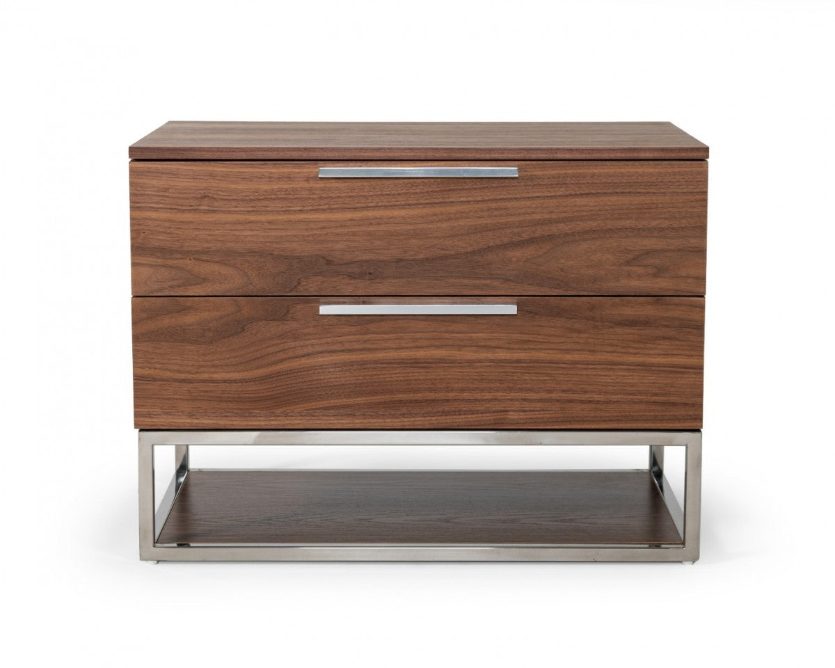Contemporary Walnut And Stainless Steel Nightstand With Two Drawers By Homeroots | Nightstands | Modishstore