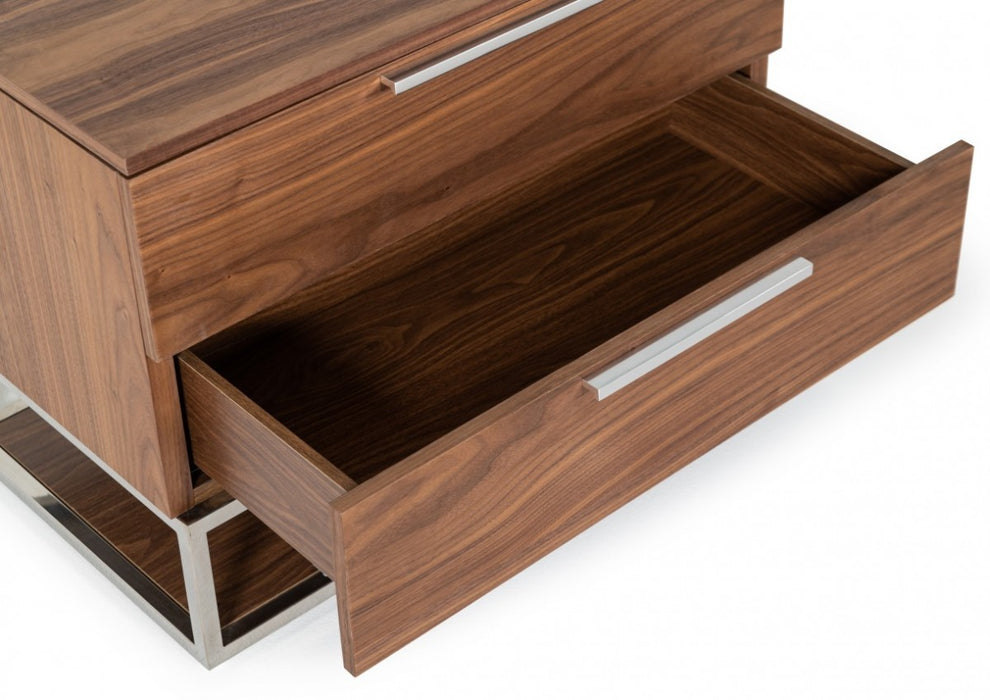 Contemporary Walnut And Stainless Steel Nightstand With Two Drawers By Homeroots | Nightstands | Modishstore - 3