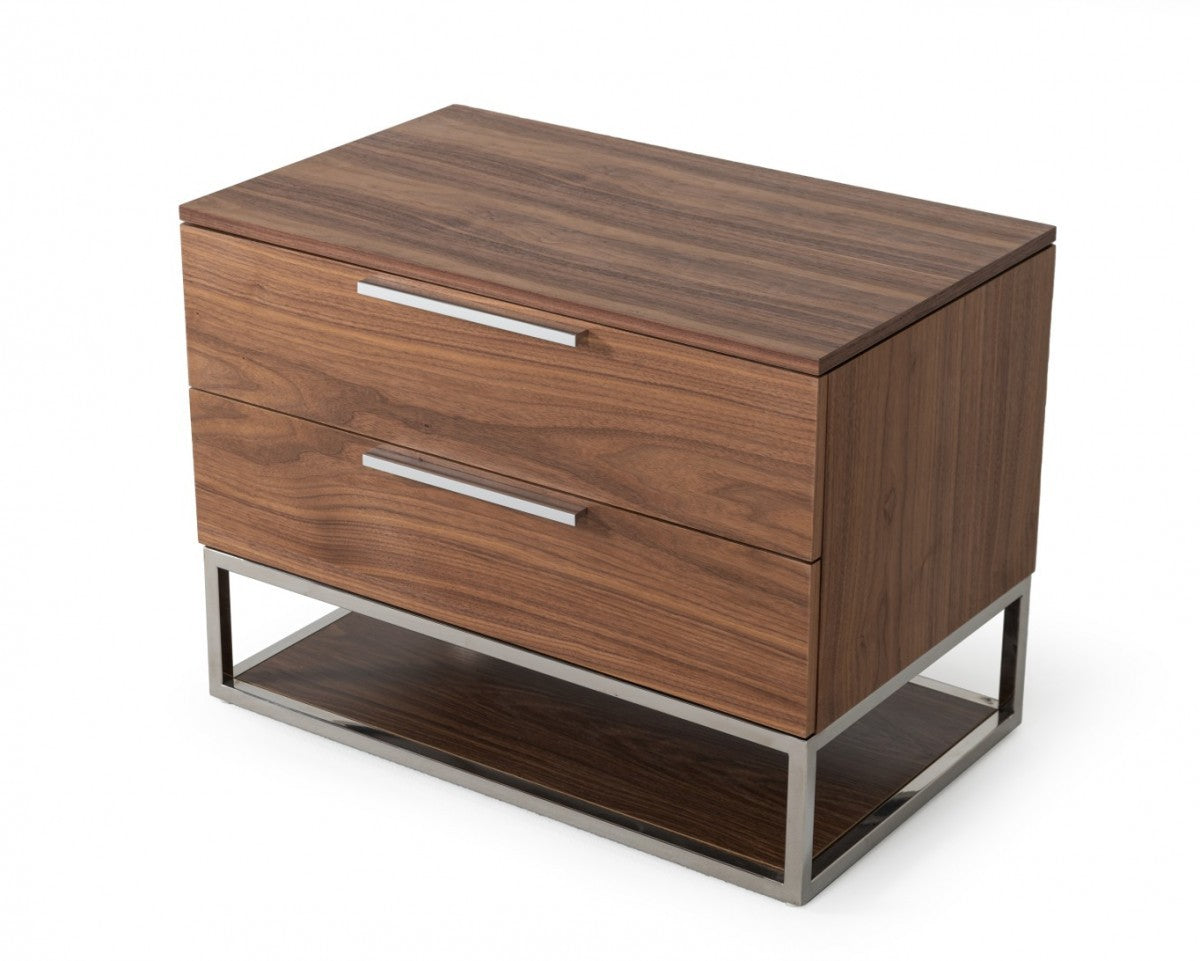 Contemporary Walnut And Stainless Steel Nightstand With Two Drawers By Homeroots | Nightstands | Modishstore - 4