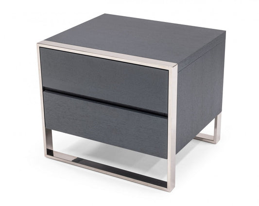 Modern Gray And Stainless Steel Nightstand With Two Drawers By Homeroots | Nightstands | Modishstore