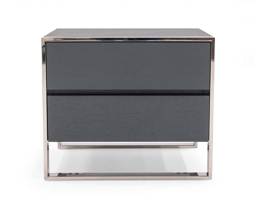 Modern Gray And Stainless Steel Nightstand With Two Drawers By Homeroots | Nightstands | Modishstore - 4