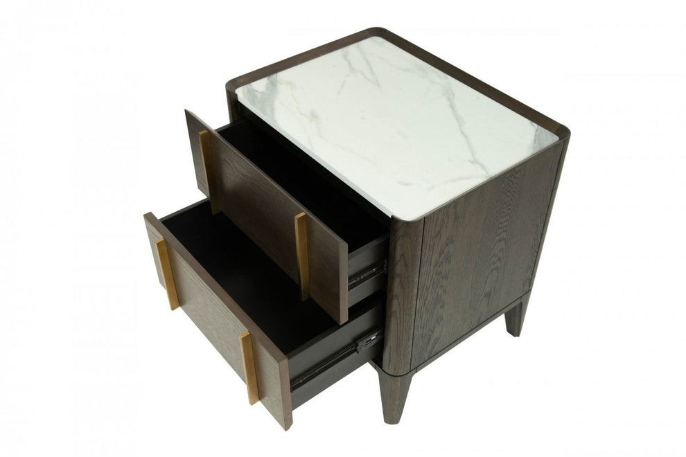 Mid Century Dark Brown And White Faux Marble With Two Drawers By Homeroots | Dressers | Modishstore - 4