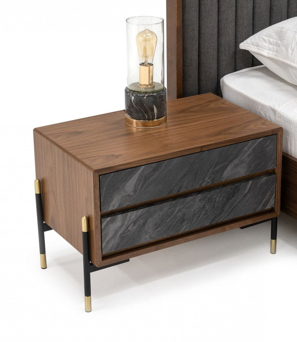 Mid Century Walnut And Gray Faux Marble Two Drawer Nightstand By Homeroots | Nightstands | Modishstore - 4