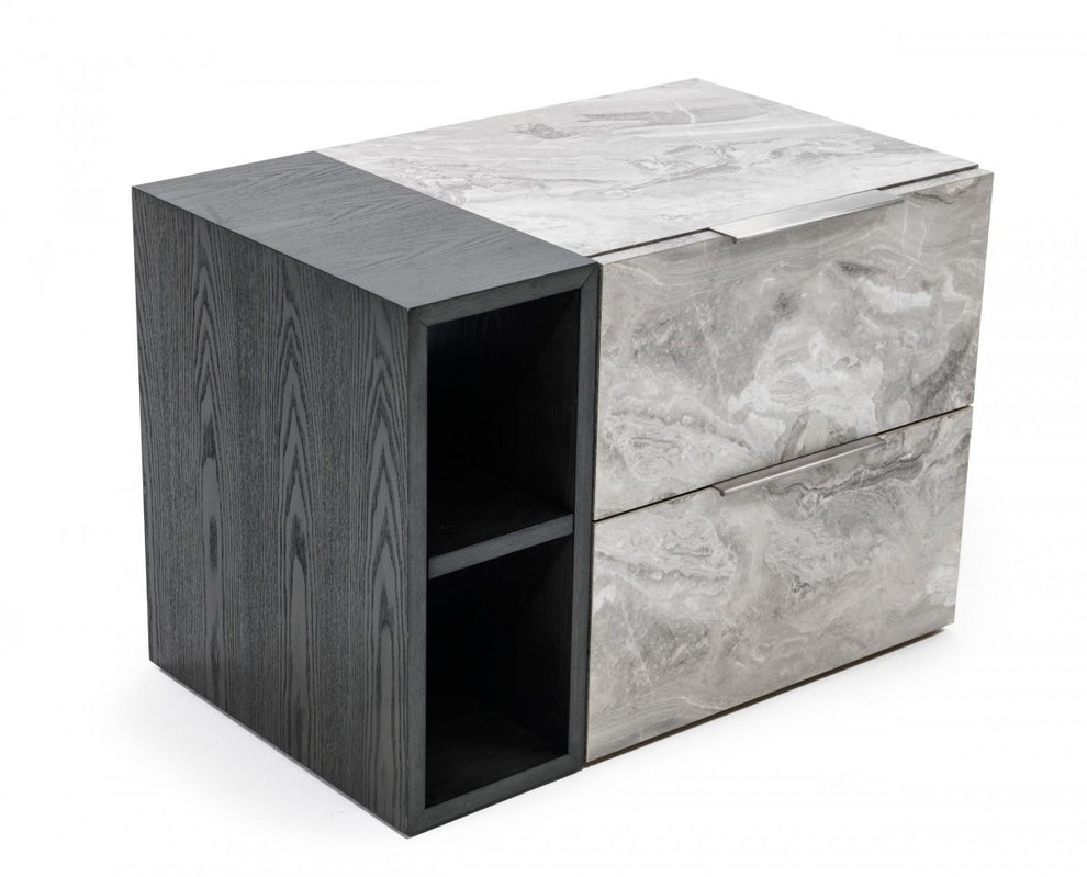 Contempo Gray Faux Marble And Gray Two Drawer Nightstand By Homeroots | Nightstands | Modishstore - 2