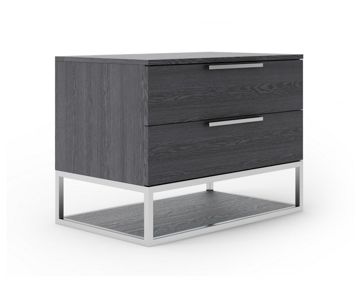 Contemporary Elm Gray And Stainless Steel Nightstand With Two Drawers By Homeroots | Nightstands | Modishstore - 4