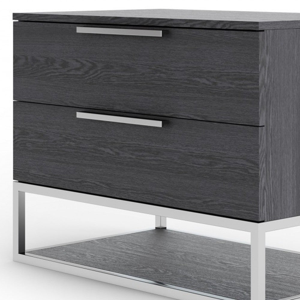 Contemporary Elm Gray And Stainless Steel Nightstand With Two Drawers By Homeroots | Nightstands | Modishstore - 5