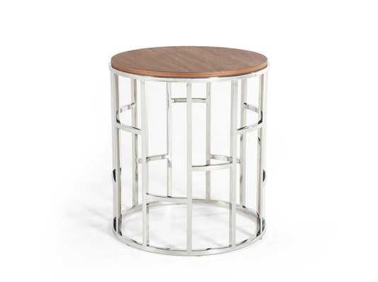 Stylish Silver And Walnut Round Geometric End or Side Table By Homeroots | End Tables | Modishstore