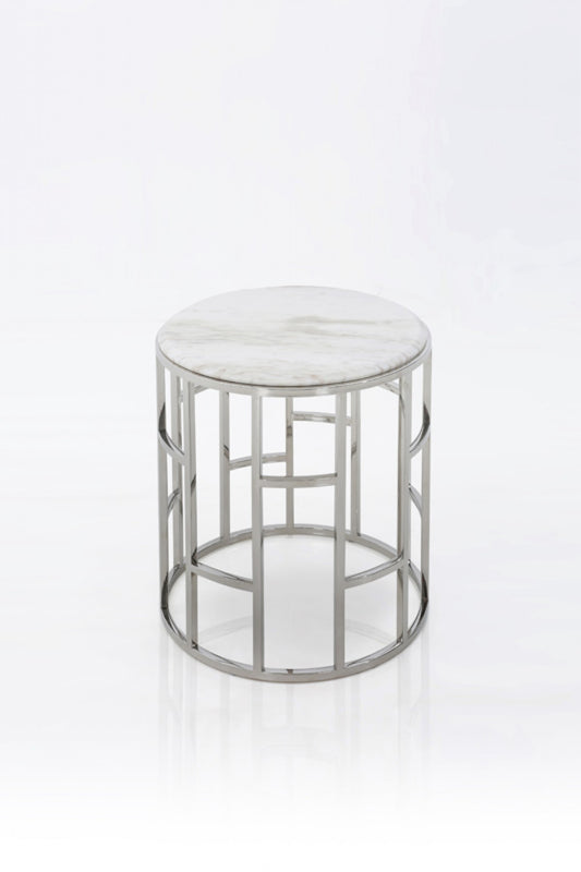 Stylish Silver And White Marble Round Geometric End or Side Table By Homeroots | End Tables | Modishstore