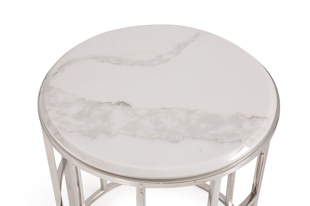 Stylish Silver And White Marble Round Geometric End or Side Table By Homeroots | End Tables | Modishstore - 2