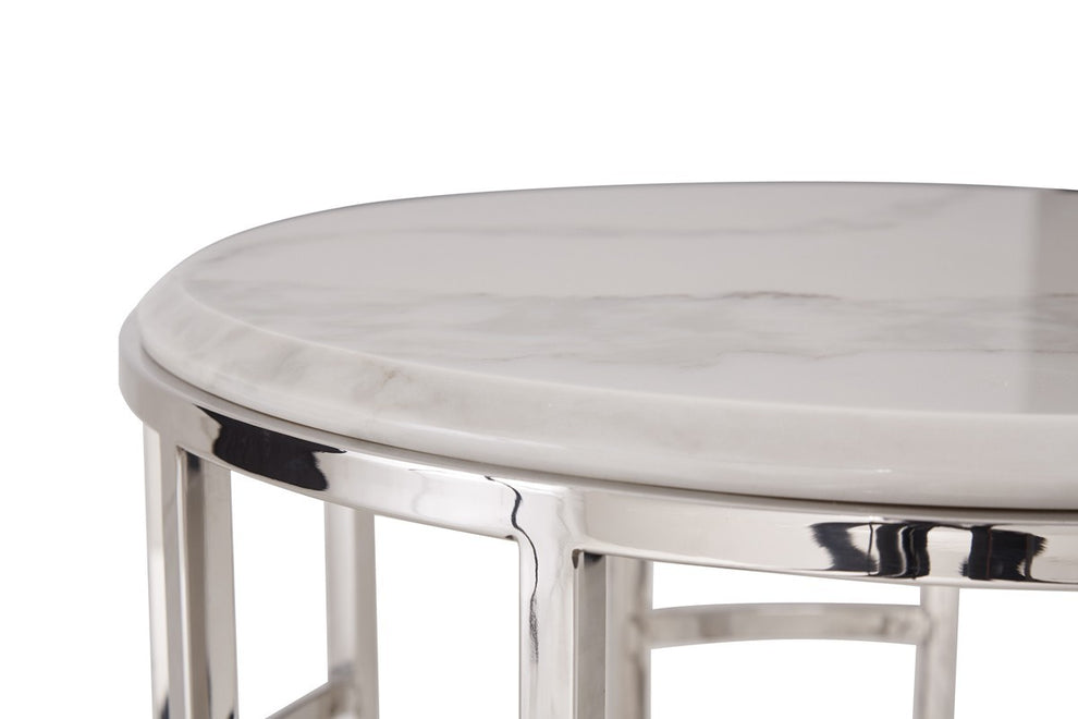 Stylish Silver And White Marble Round Geometric End or Side Table By Homeroots | End Tables | Modishstore - 3