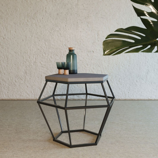 Modern Gray Concrete and Black Metal Hexagonal End Table By Homeroots | End Tables | Modishstore