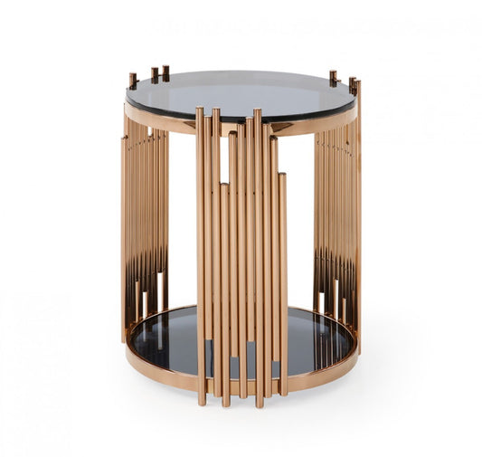 Stylish Round Rose Gold And Smoked Glass End Table By Homeroots | End Tables | Modishstore
