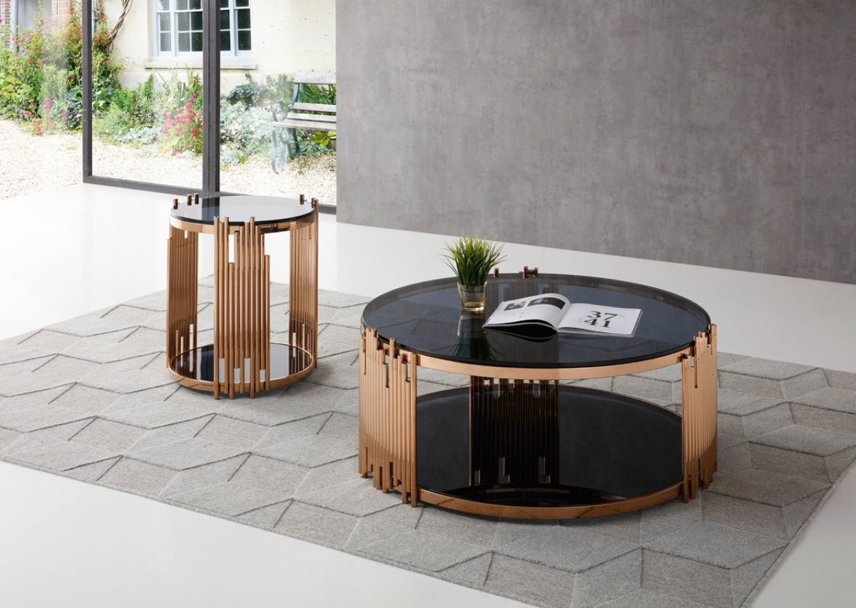 Stylish Round Rose Gold And Smoked Glass End Table By Homeroots | End Tables | Modishstore - 2