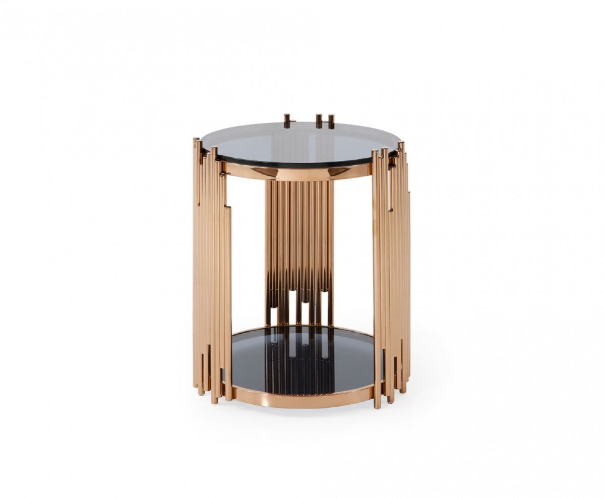 Stylish Round Rose Gold And Smoked Glass End Table By Homeroots | End Tables | Modishstore - 3
