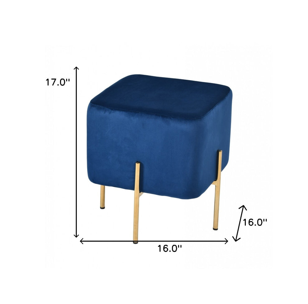 Compact Blue Velvet And Gold Metal Square Ottoman By Homeroots | Ottomans | Modishstore - 5