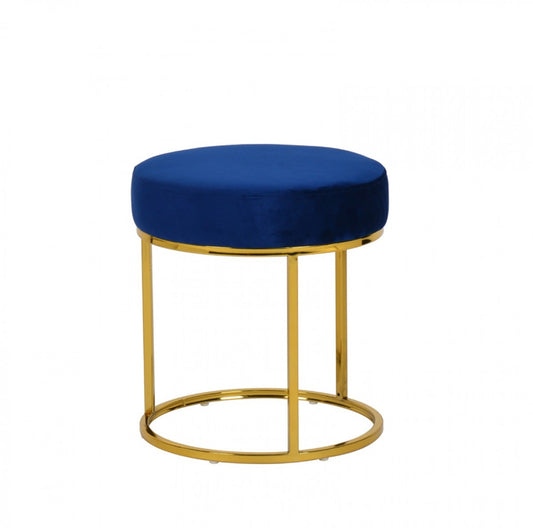 Compact Blue Velvet And Gold Round Ottoman By Homeroots | Ottomans | Modishstore