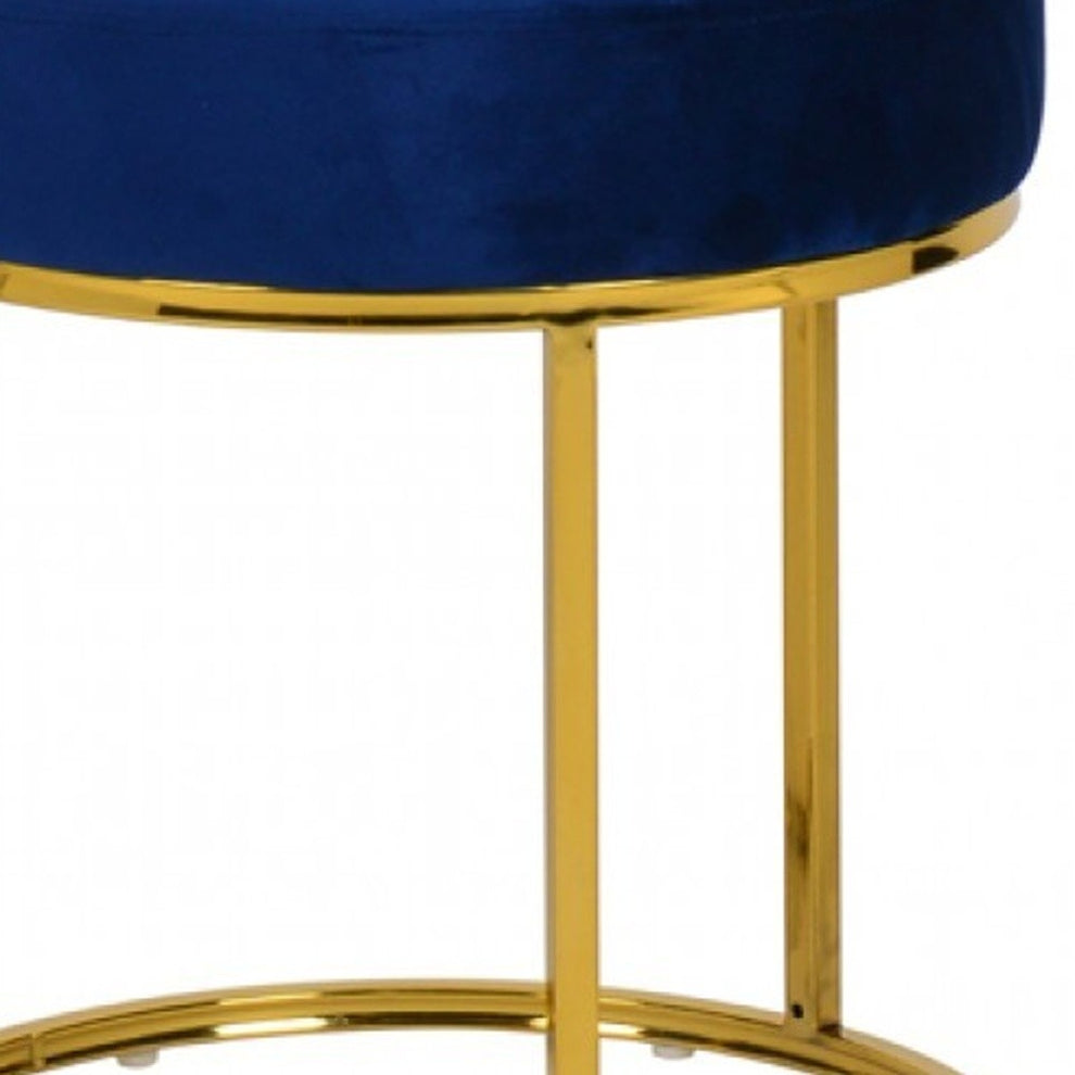 Compact Blue Velvet And Gold Round Ottoman By Homeroots | Ottomans | Modishstore - 6