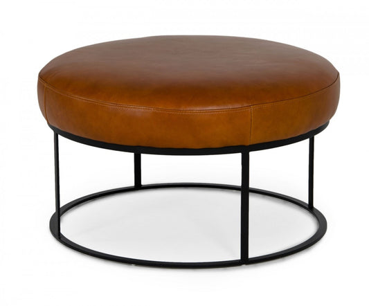 Compact 30" Round Camel Leather Ottoman Stool By Homeroots | Ottomans | Modishstore