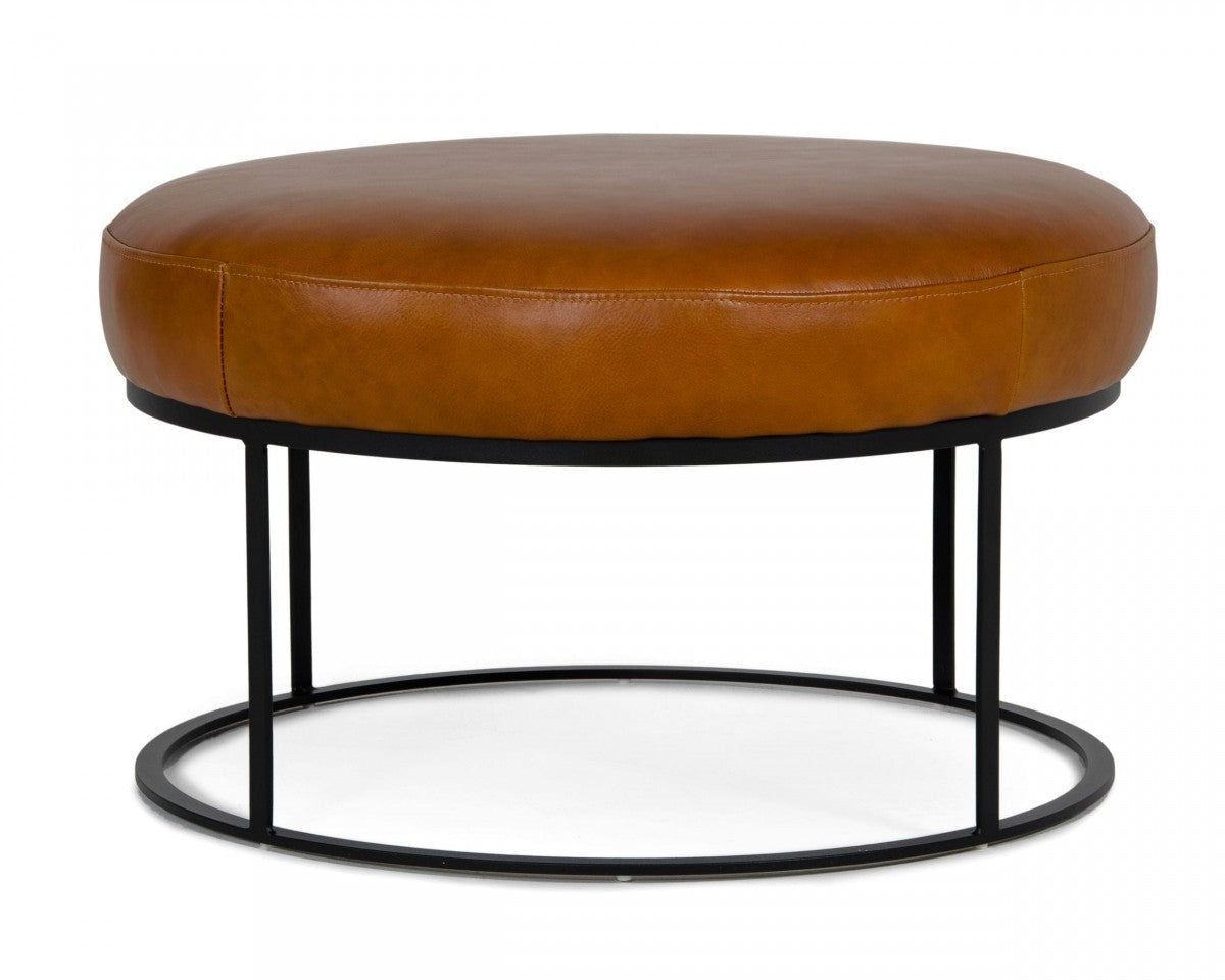 Compact 30" Round Camel Leather Ottoman Stool By Homeroots | Ottomans | Modishstore - 2