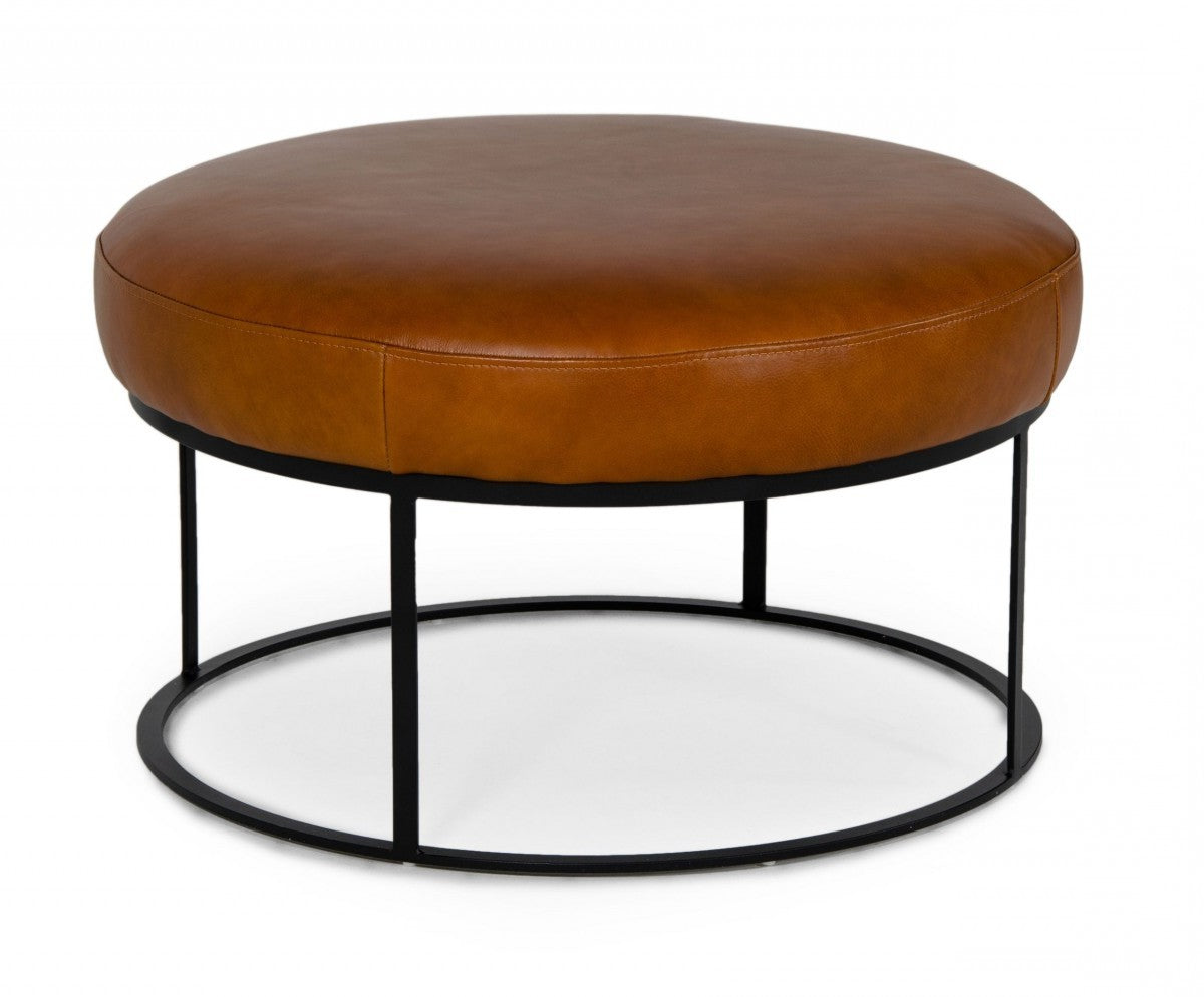 Compact 30" Round Camel Leather Ottoman Stool By Homeroots | Ottomans | Modishstore - 4