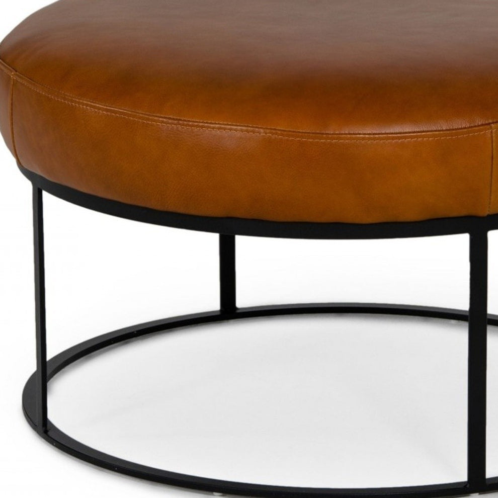 Compact 30" Round Camel Leather Ottoman Stool By Homeroots | Ottomans | Modishstore - 5