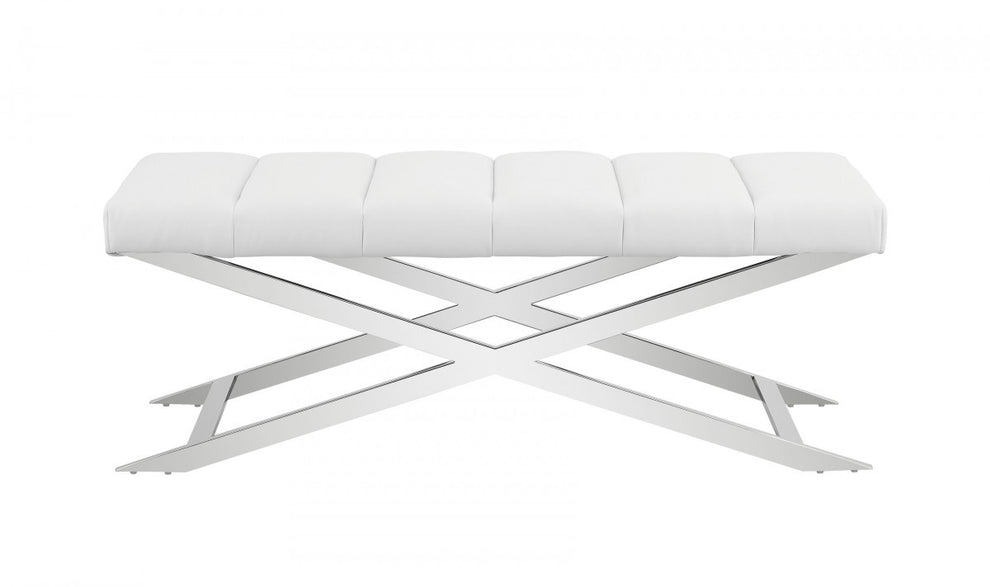 47" White And Silver Upholstered Faux leather Dining bench By Homeroots | Benches | Modishstore - 2