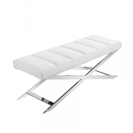47" White And Silver Upholstered Faux leather Dining bench By Homeroots | Benches | Modishstore