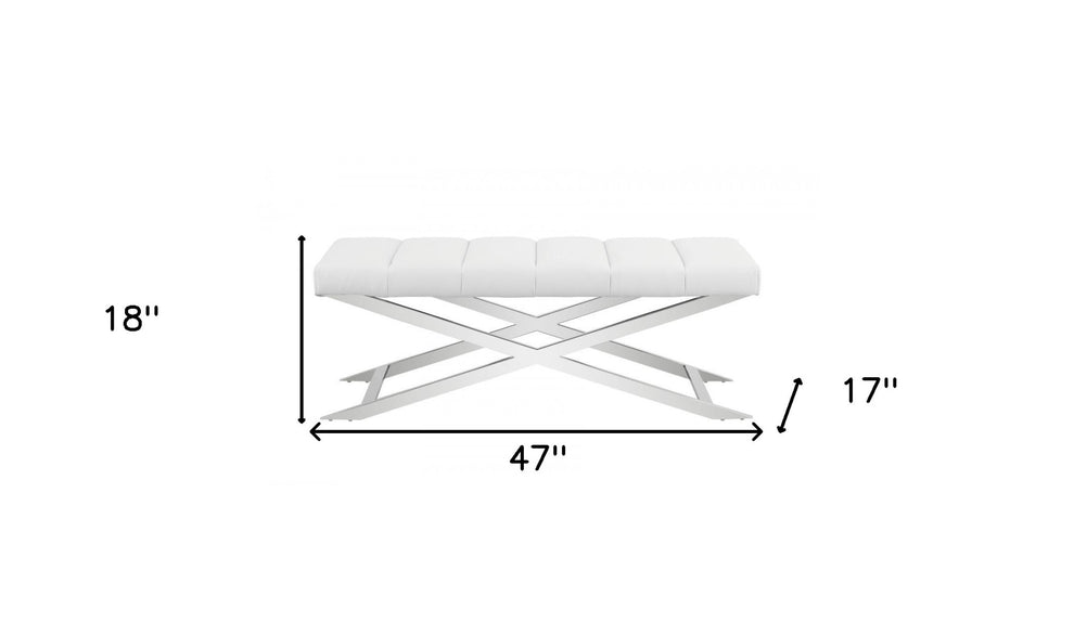 47" White And Silver Upholstered Faux leather Dining bench By Homeroots | Benches | Modishstore - 6