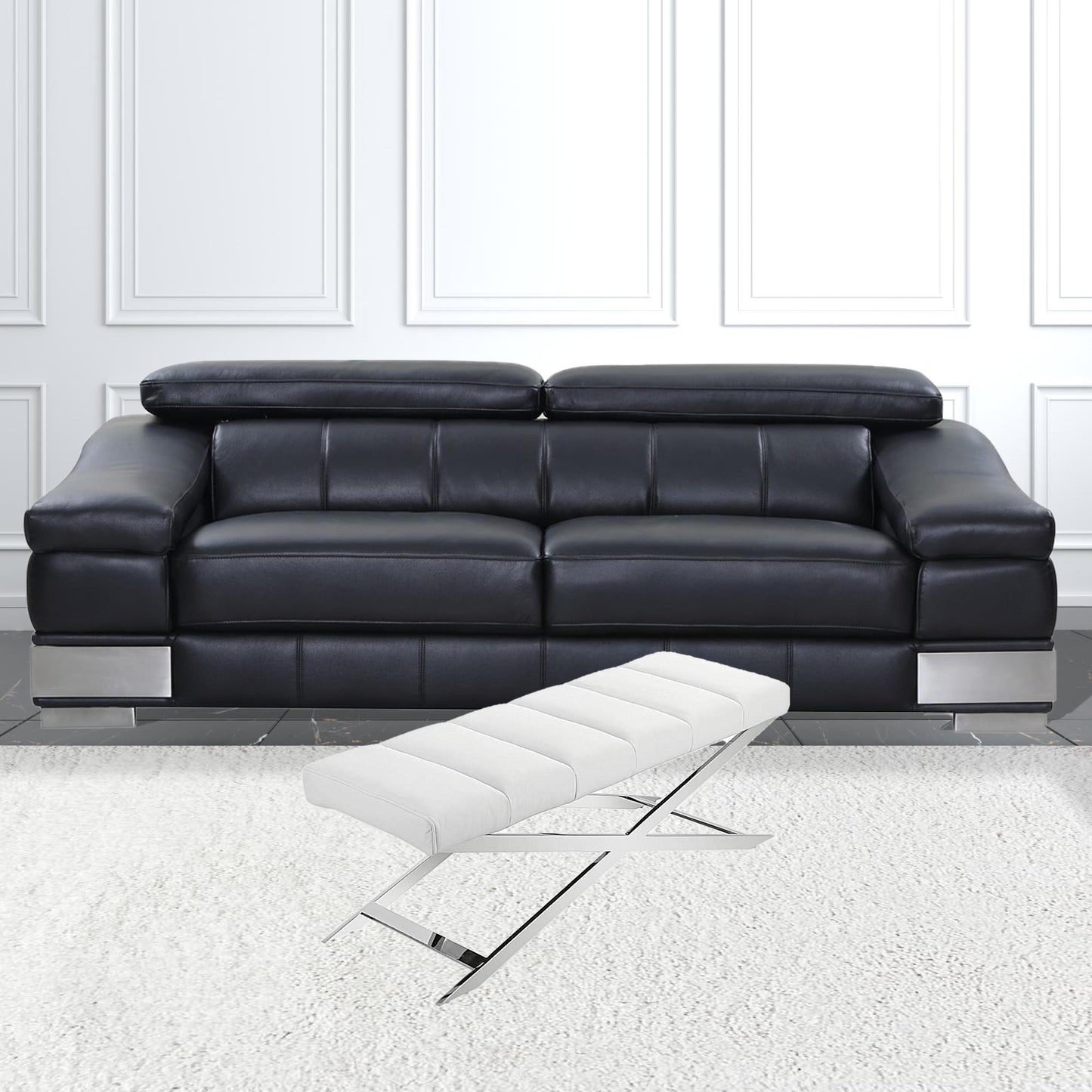 47" White And Silver Upholstered Faux leather Dining bench By Homeroots | Benches | Modishstore - 4