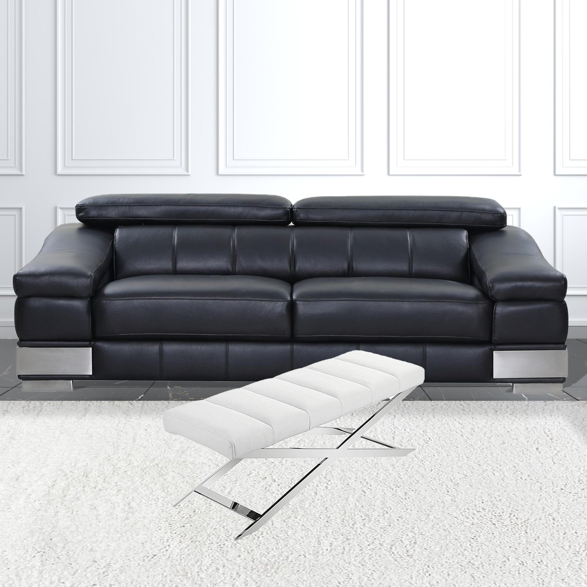 47" White And Silver Upholstered Faux leather Dining bench By Homeroots | Benches | Modishstore - 4