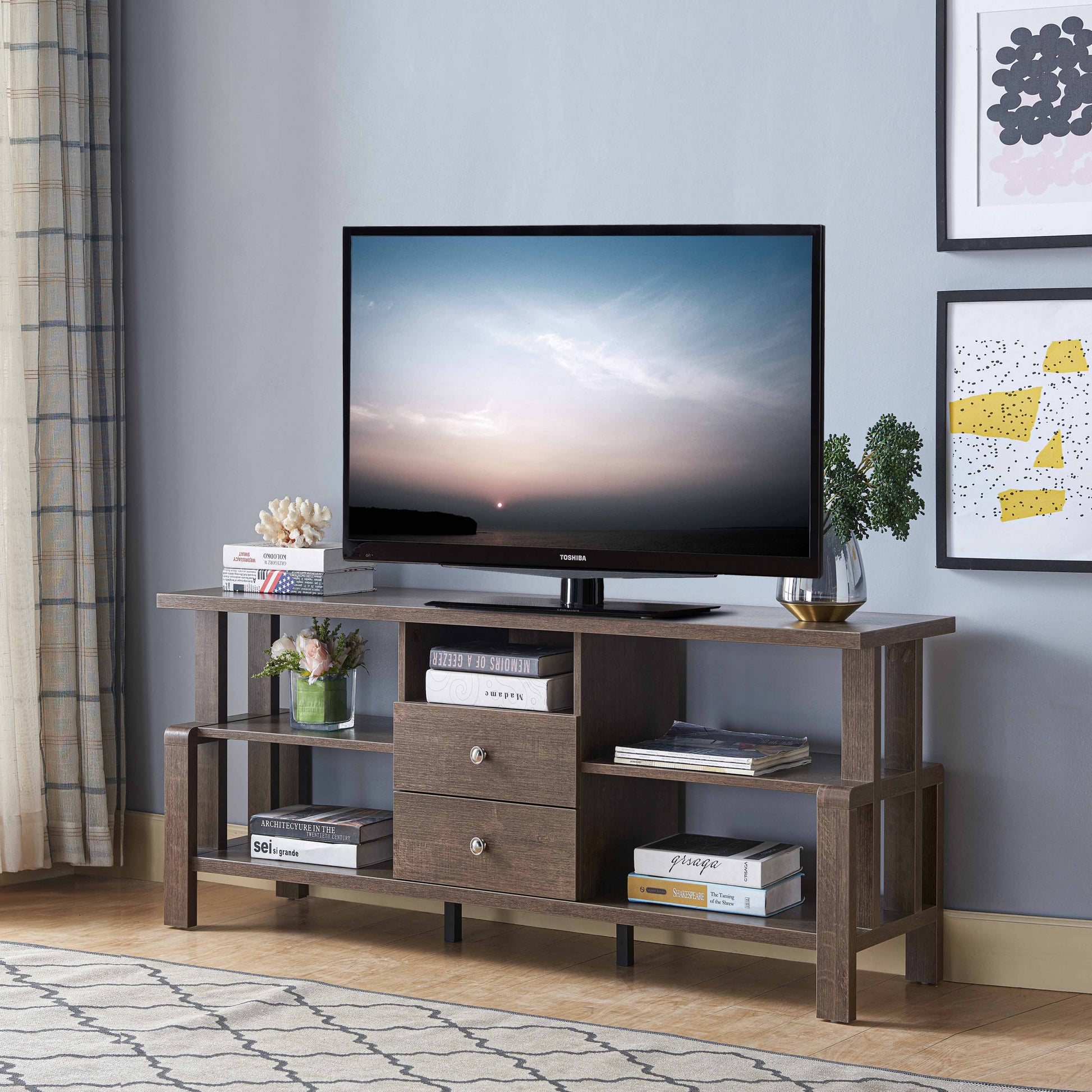 Walnut Oak Rustic Geo TV Stand with Two Center Drawer By Homeroots | TV Stands | Modishstore